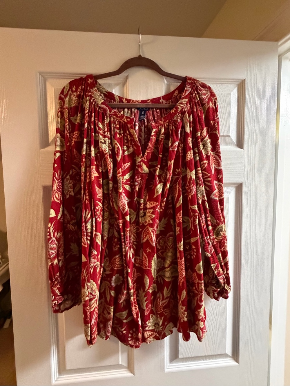 Chaps Red Floral Boho Peasant Blouse